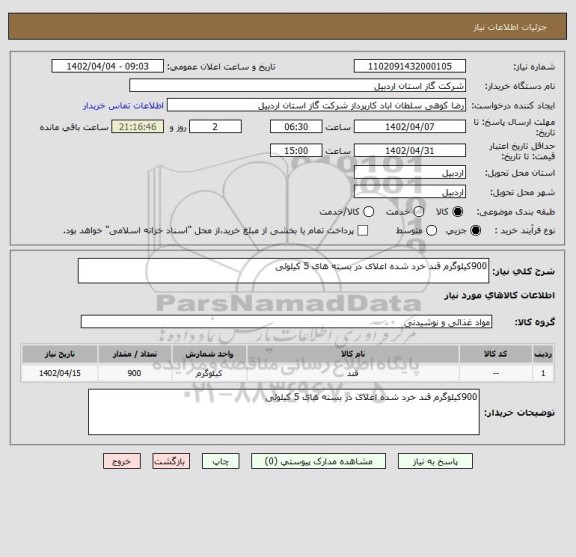 استعلام 900کیلوگرم قند خرد شده اعلای در بسته های 5 کیلوئی