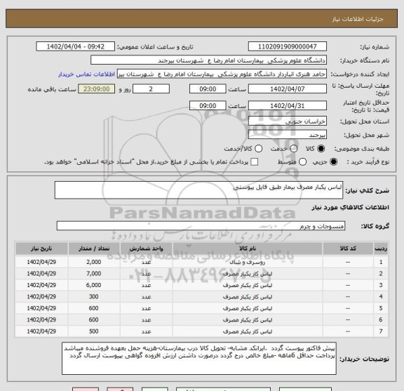 استعلام لباس یکبار مصرف بیمار طبق فایل پیوستی
