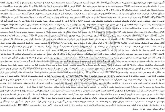 آگهی مزایده میزان 2سهم مشاع از 7 سهم به استثناء ثمنیه عرصه و اعیان نیم سهم مشاع از 420 سهم یک قطعه زمین با بنای احداثی در آن بمساحت 85000 مترمربع
