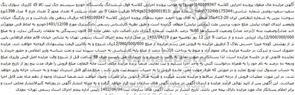 آگهی مزایده ششدانگ یکدستگاه خودرو سیستم جک تیپ :s5 at
