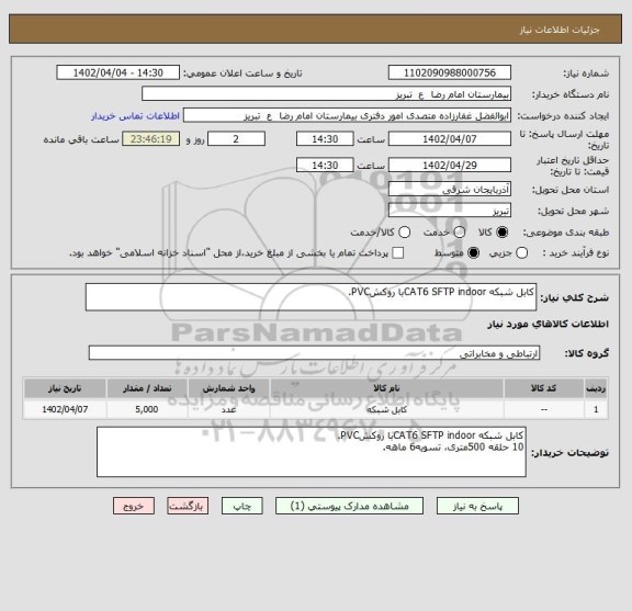 استعلام کابل شبکه CAT6 SFTP indoorبا روکشPVC.