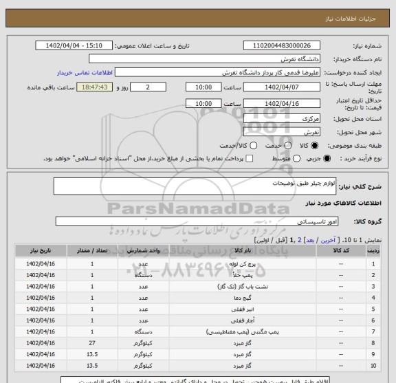 استعلام لوازم چیلر طبق توضیحات