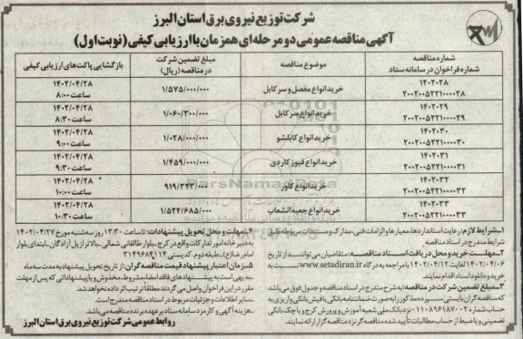 مناقصه خرید انواع مفصل و سرکابل ...