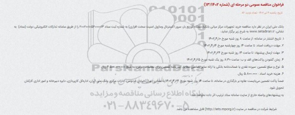 مناقصه خرید تجهیزات مرکز میانی بانک