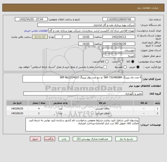 استعلام 4 عدد بال بیرینگ SKF 7324BGBM  و  دو عدد رولر بیرینگ SKF NU2224ECJ