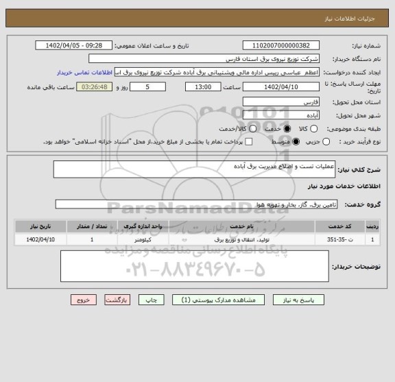 استعلام عملیات تست و اصلاح مدیریت برق آباده