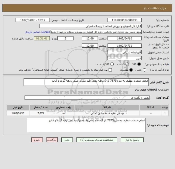 استعلام انجام خدمات تنظیف به متراژ7875 در 9 ماهه تمام وقت-مدرک صنفی ارائه گردد و آنالیز