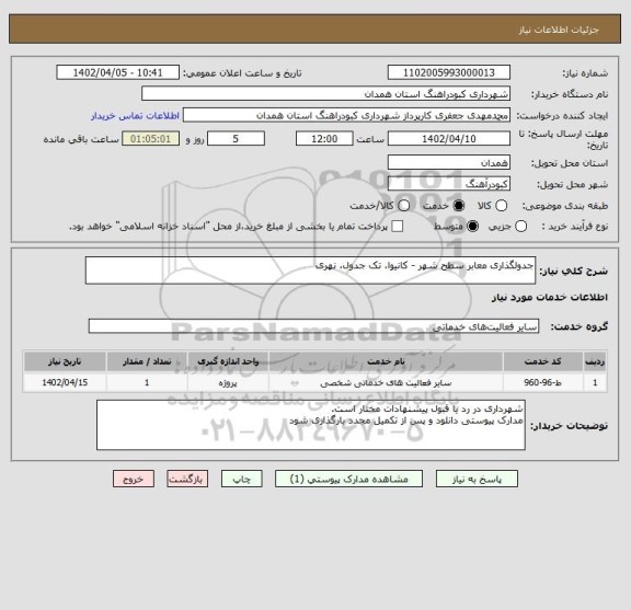 استعلام جدولگذاری معابر سطح شهر - کانیوا، تک جدول، نهری