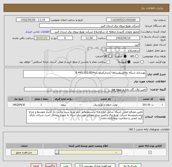 استعلام بهسازی شبکه داخل روستاها (چندار)مبلغ پایه8،445،522،924