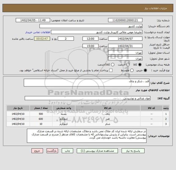 استعلام قند ، شکر و چای