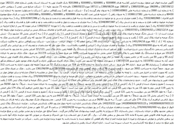 آگهی مزایده شش دانگ عرصه و اعیان پلاک ثبتی 120 ( یکصد و بیست ) مفروز و مجزی شده از فرعی 1