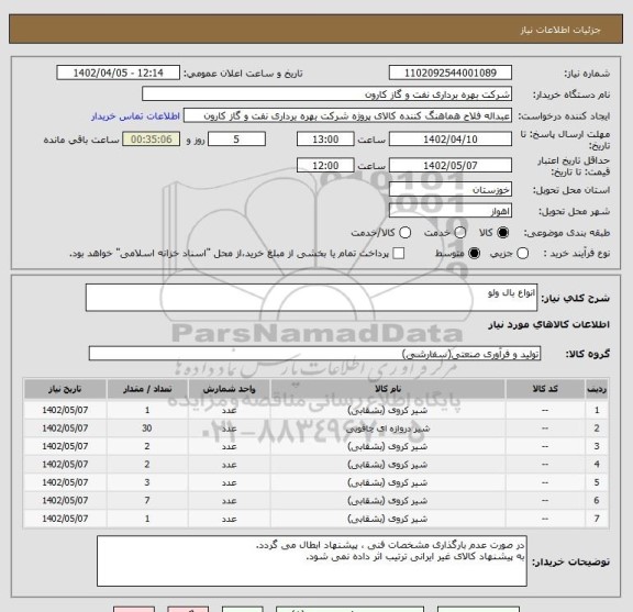 استعلام انواع بال ولو