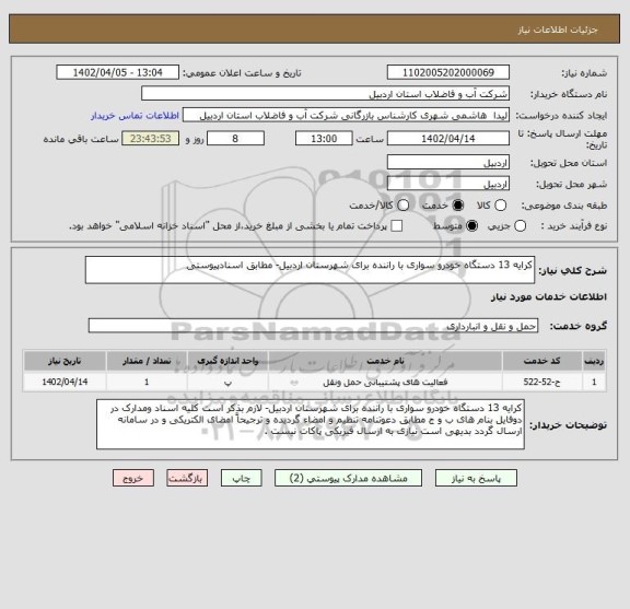 استعلام کرایه 13 دستگاه خودرو سواری با راننده برای شهرستان اردبیل- مطابق اسنادپیوستی