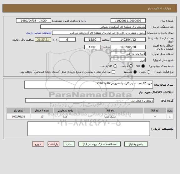 استعلام خرید 12 عدد سیم کارت با سرویس VPNL3/4G
