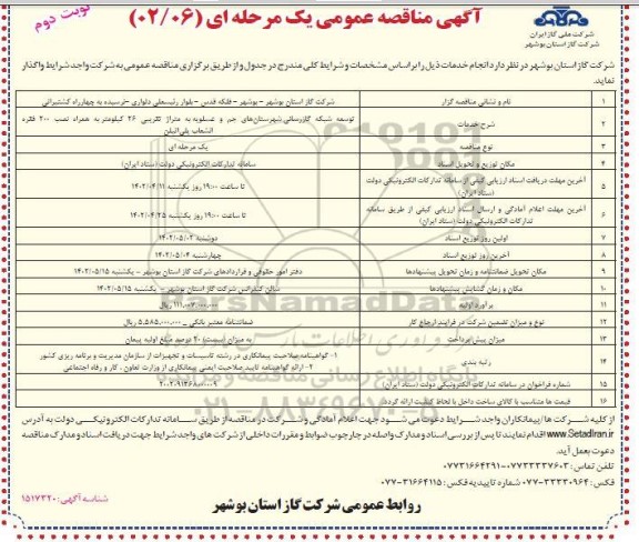 مناقصه توسعه شبکه گازرسانی ...- نوبت دوم 