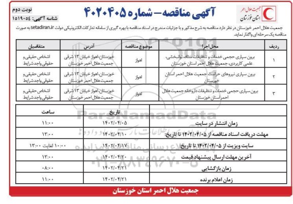 مناقصه برون سپاری حجمی خدمات و تنظیفات ستاد، توانبخشی، علمی کاربردی...- نوبت دوم