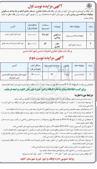 مزایده واگذاری یک باب مغازه تجاری ...