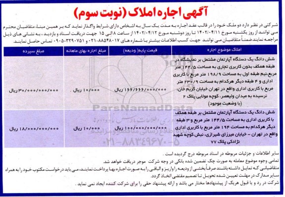 آگهی اجاره املاک  ـ نوبت سوم