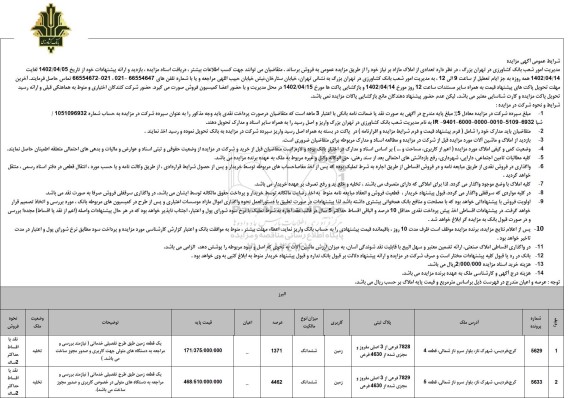 مزایده فروش تعدادی از املاک مازاد بر نیاز با کاربری زمین