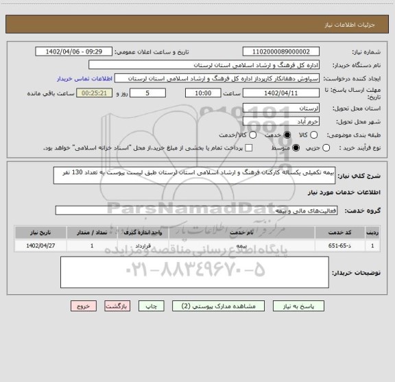 استعلام بیمه تکمیلی یکساله کارکنان فرهنگ و ارشاد اسلامی استان لرستان طبق لیست پیوست به تعداد 130 نفر