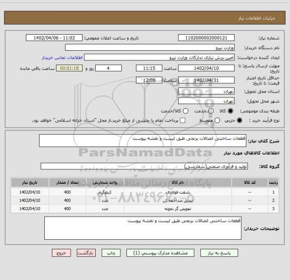 استعلام قطعات ساختنی اتصالات برنجی طبق لیست و نقشه پیوست