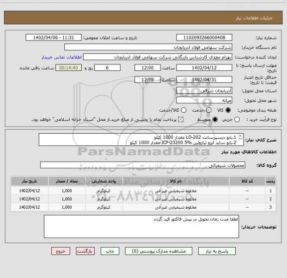 استعلام 1.بایو دیسپرسانت LO-202 مقدار 1000 کیلو
2.بایو ساید ایزو تیازولین ICP-23200 5% مقدار 1000 کیلو
3.گلوتا رالدهید  مقدار 1000 کیلو LO-204