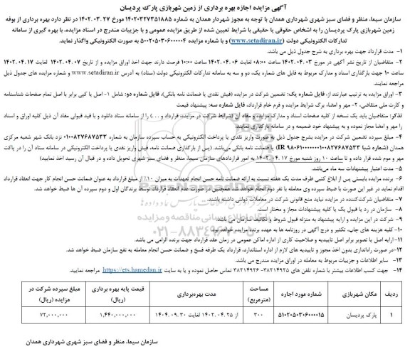 مزایده اجازه بهره برداری از زمین شهر بازی پارک پردیسان