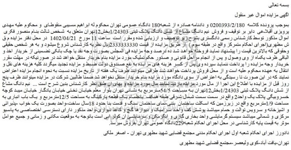مزایده فروش نیم دانگ مشاع از شش دانگ پلاک ثبتی 1/24303