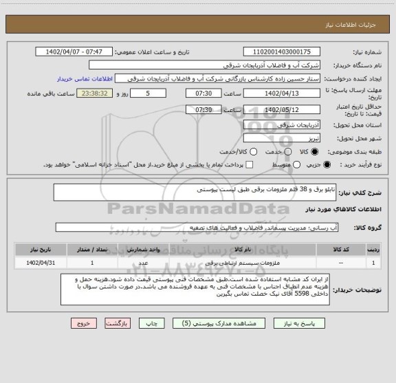 استعلام تابلو برق و 38 قلم ملزومات برقی طبق لیست پیوستی