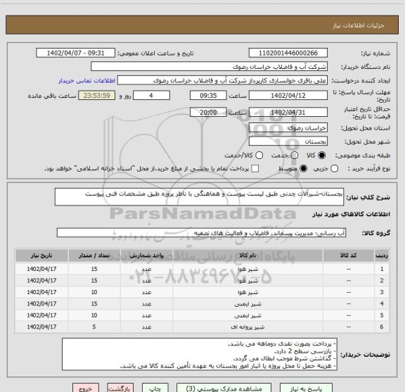 استعلام بجستان-شیرآلات چدنی طبق لیست پیوست و هماهنگی با ناظر پروزه طبق مشخصات فنی پیوست