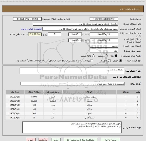 استعلام مصالح ساختمانی