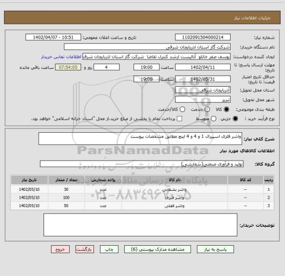 استعلام واشر فلزی اسپیرال 1 و 4 و 4 اینچ مطابق مشخصات پیوست