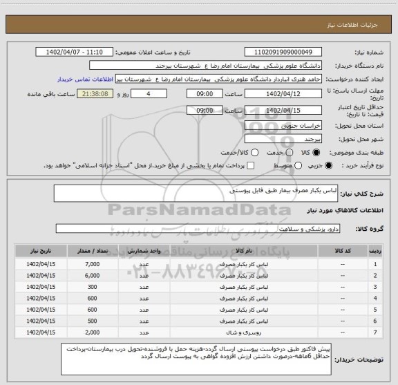 استعلام لباس یکبار مصرف بیمار طبق فایل پیوستی