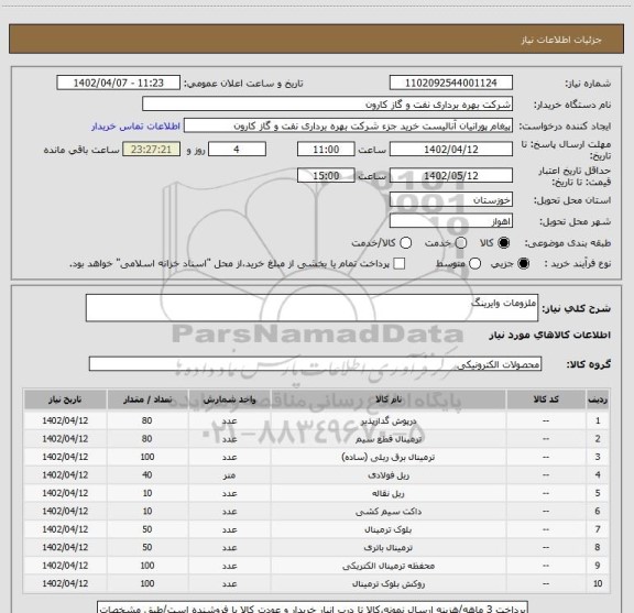 استعلام ملزومات وایرینگ