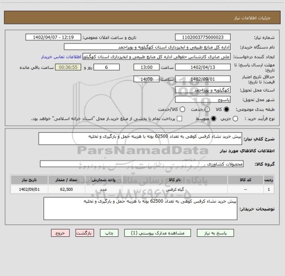 استعلام پیش خرید نشاء کرفس کوهی به تعداد 62500 بوته با هزینه حمل و بارگیری و تخلیه