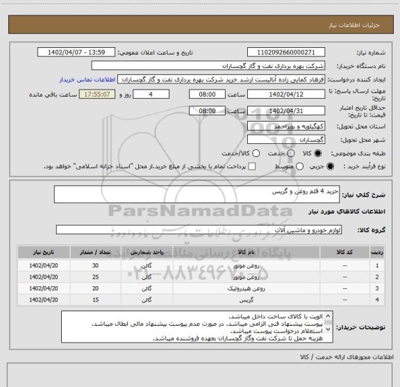 استعلام خرید 4 قلم روغن و گریس