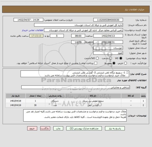 استعلام 1- سوییچ درگاه تلفن اینترنتی 2- گوشی تلفن اینترنتی 
ملاک خرید درخواست و فرم درخواست و مشخصات فنی پیوست سامانه می باشد