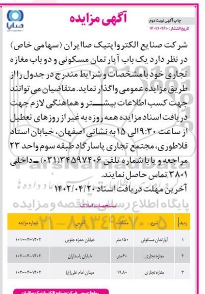 مزایده یک باب آپارتمان مسکونی و دو باب مغازه تجاری - نوبت دوم