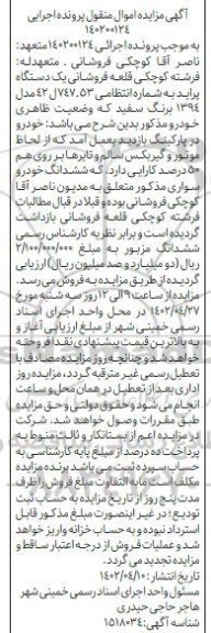 مزایده یک دستگاه پراید مدل 1394 برنگ سفید 