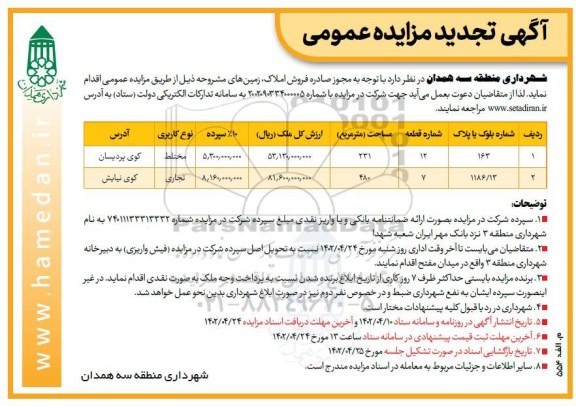 مزایده فروش املاک به مساحت 231 و 480 مترمربع