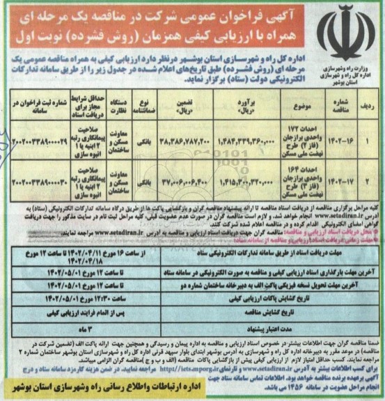 فراخوان مناقصه احداث 172 واحدی ...
