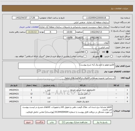 استعلام الکترو موتور و تابلو برق (به شرح پیوست)