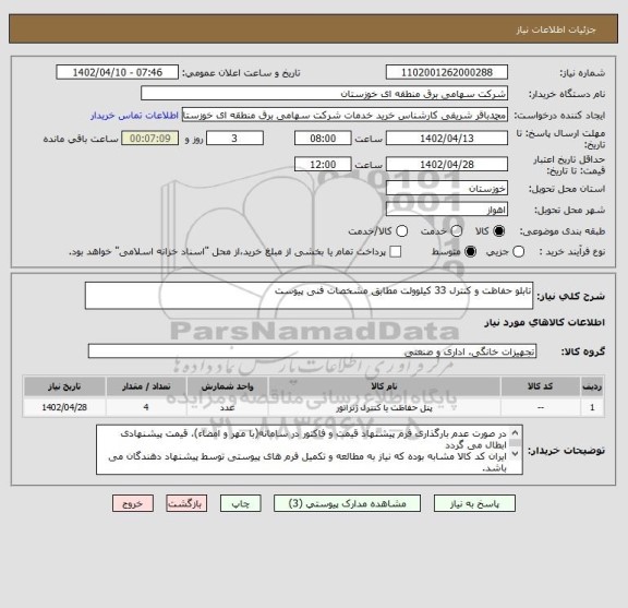 استعلام تابلو حفاظت و کنترل 33 کیلوولت مطابق مشخصات فنی پیوست