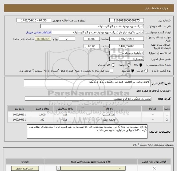 استعلام کالای ایرانی در اولویت خرید می باشد . کابل و کانکتور