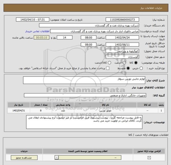 استعلام لوازم جانبی توربین سولار