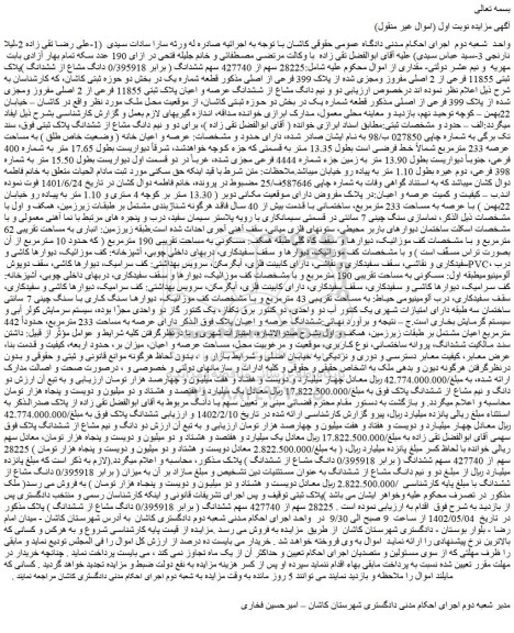 مزایده فروش 28225 سهم از 427740 سهم ششدانگ ( برابر 0/395918 دانگ مشاع از ششدانگ )پلاک ثبتی 11855 فرعی از 2 اصلی مفروز ومجزی شده از پلاک 399 فرعی از اصلی 