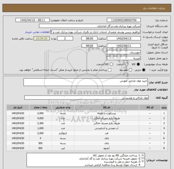 استعلام خرید مواد غذایی آموزش