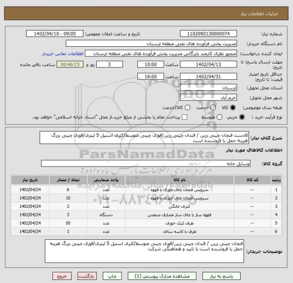 استعلام 6دست فنجان چینی زرین / قندان چینی زرین/قوری چینی متوسط/کتری استیل 5 لیتری/قوری چینی بزرگ هزینه حمل با فروشنده است
