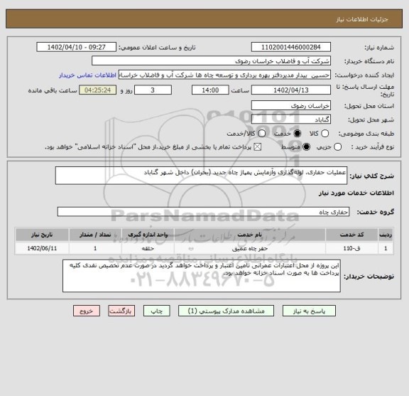 استعلام عملیات حفاری، لوله گذاری وآزمایش پمپاژ چاه جدید (بحران) داخل شهر گناباد