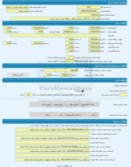 مزایده ، فروش 5 باب خانه های سازمانی واقع در منطقه جنوب (شهر شیراز) -مزایده ساختمان  - استان فارس